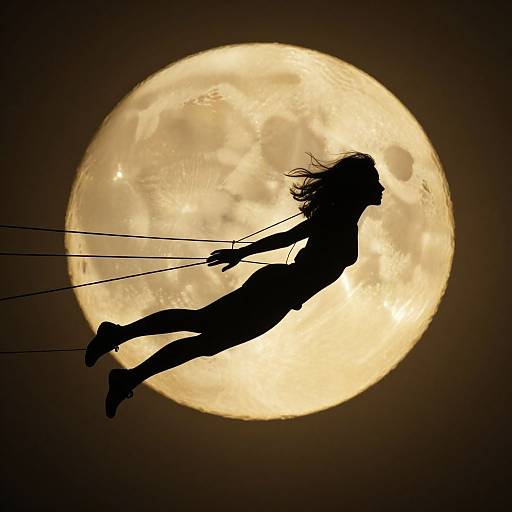 Silhouetted female figure with flowing hair flying against a bright full moon, holding ropes, in a dark, night sky. Photographic image.