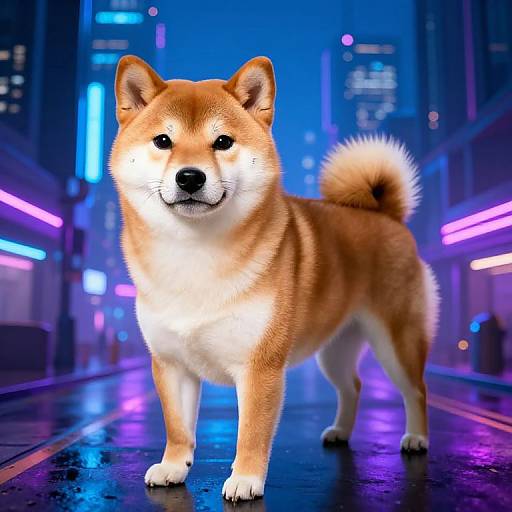 Photorealistic CGI of a fluffy Shiba Inu with a curled tail standing on a neon-lit, rainy city street at night.