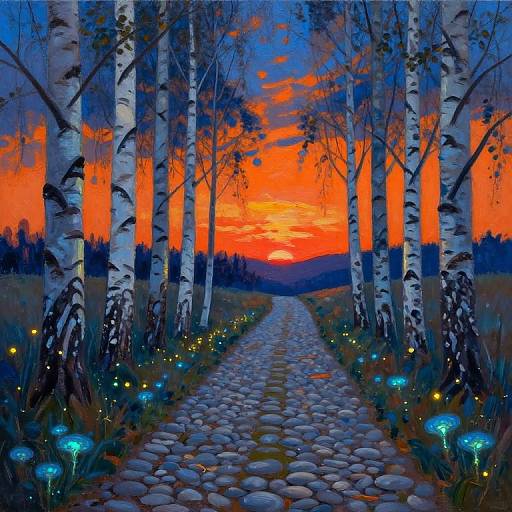 Cozy Pebble Path at Bioluminescent Sunset