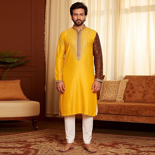 Photograph of a bearded man in a yellow kurta with brown embroidered sleeves, white pants, and brown sandals, standing in a warmly lit,