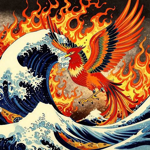 Digital art of a vibrant, red and orange phoenix with flaming wings emerging from turbulent, blue and white ocean waves.