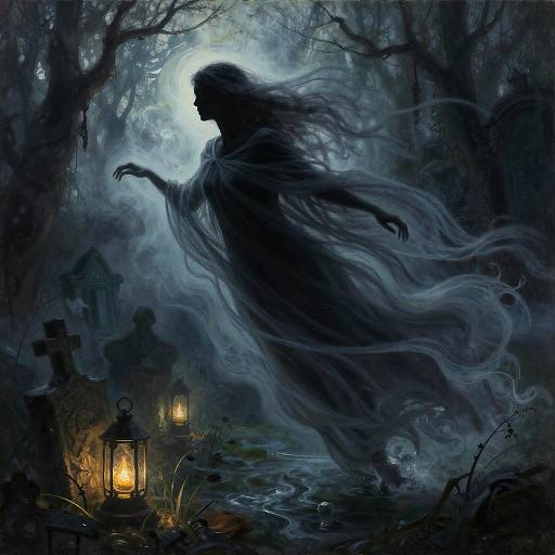 Digital painting of a ghostly figure in flowing cloak, reaching out in a moonlit, foggy forest, beside glowing lanterns and a small,