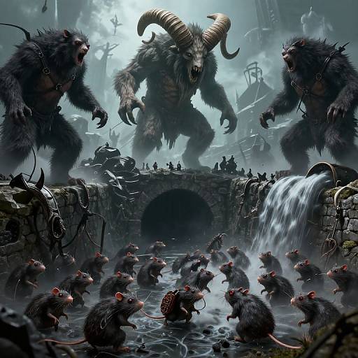 Fantasy digital artwork: Horned, towering demon with dark fur and sharp claws looms over a river filled with black rats, under a misty