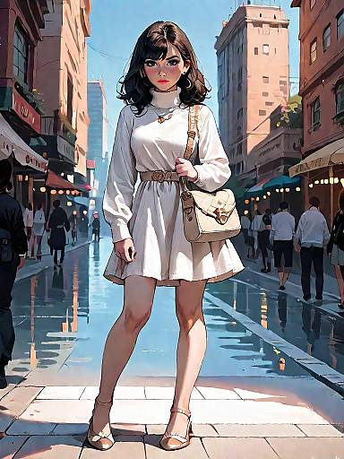 Stylish Woman in White Dress on City Street