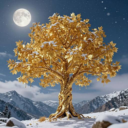 Photograph of a golden-leaved tree with snow on its branches, standing in a snowy mountain landscape under a bright full moon.