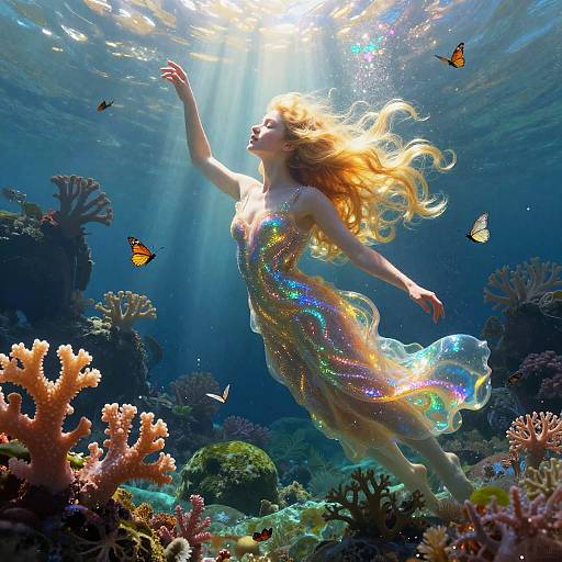 Underwater photograph of a blonde woman with flowing hair, wearing a shimmering dress, surrounded by colorful corals and orange butterflies, with sunlight filtering through