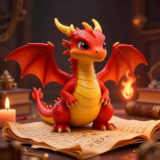 Cute CGI red dragon with yellow belly, large eyes, and small horns, standing on an open book, surrounded by candles and books, in a