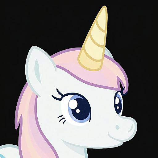 Digital drawing of a cute, white unicorn with a pink mane and yellow horn, large black eyes, and a smiling expression against a black background.