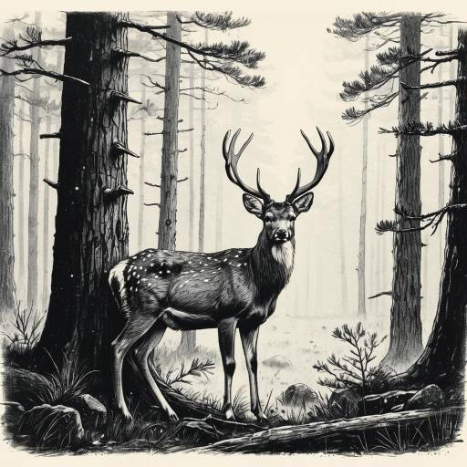Hand-drawn Woodland Deer in Misty Pine Forest