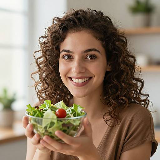 Photograph of a smiling young woman with curly brown hair, holding a fresh green salad with cherry tomatoes, wearing a brown shirt, in a bright,