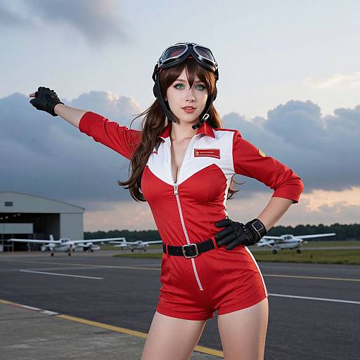 Photograph of a fair-skinned woman in a red and white flight suit, black gloves, and aviator goggles, standing on an airport runway with