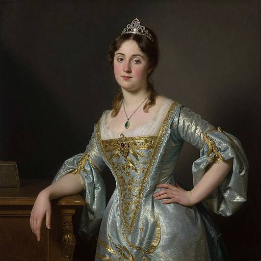 Photograph of a young, fair-skinned woman in a 18th-century silver and gold gown, tiara, necklace, dark background, hand
