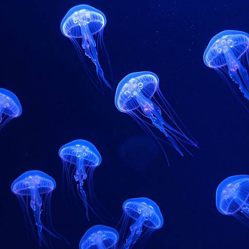 Photograph of glowing blue jellyfish with translucent bodies and flowing tentacles against a dark blue underwater background.
