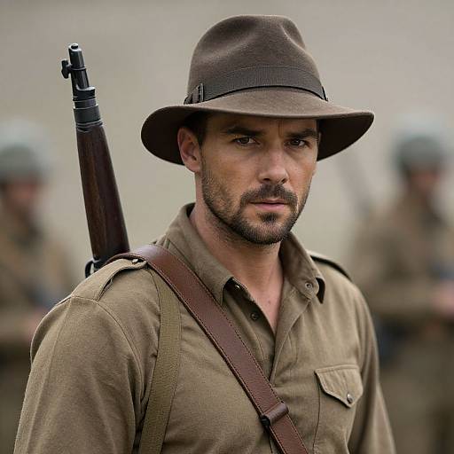 Photograph of a serious male soldier with brown hat, olive uniform, and rifle slung over shoulder, blurred background of fellow soldiers.