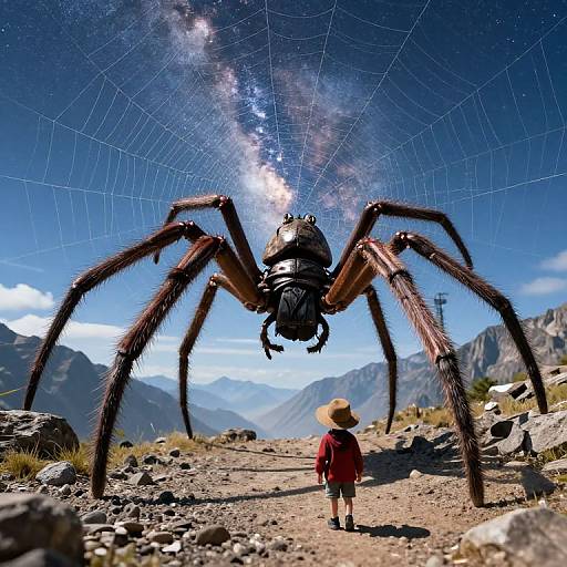 Photograph of a giant spider with cosmic web against a mountainous sky, a child in red and a straw hat stands below.