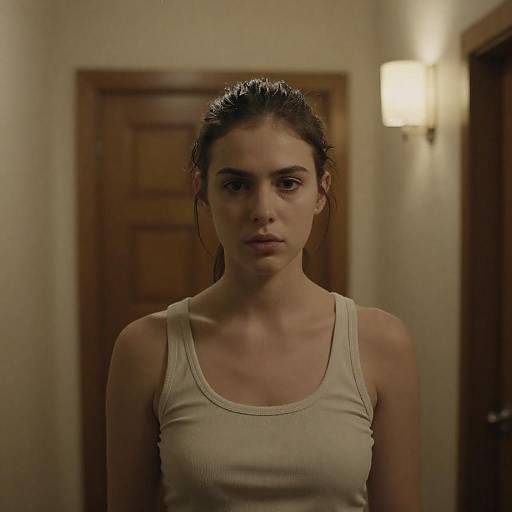 Young Woman in Dimly Lit Hallway