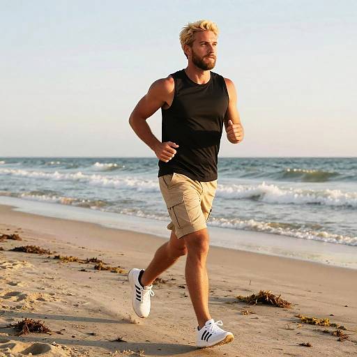 Fit Man Jogging on Sunset Beach