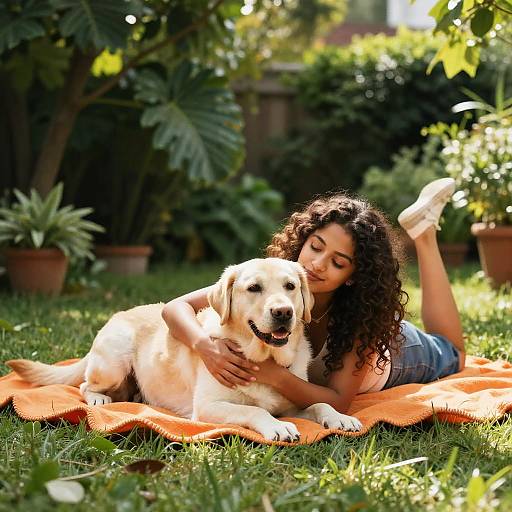 Curly-Haired Woman Hugging Labrador in Garden