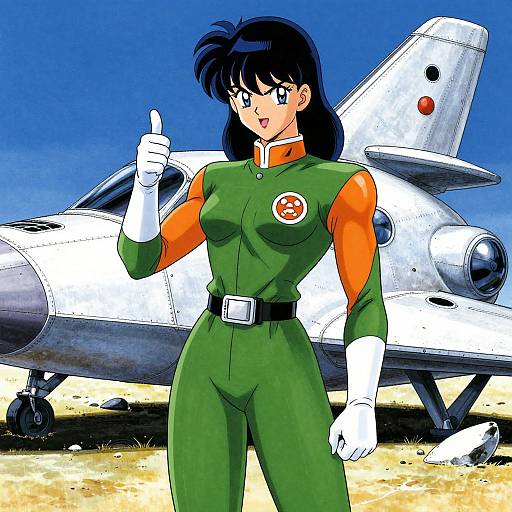 Anime-style drawing of a black-haired woman in green and orange pilot suit, thumb up, standing in front of a white jet airplane on a sandy field