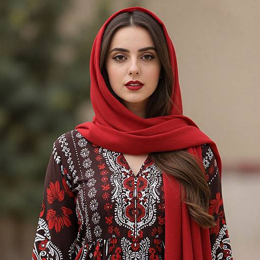 Woman in Red Headscarf and Dress