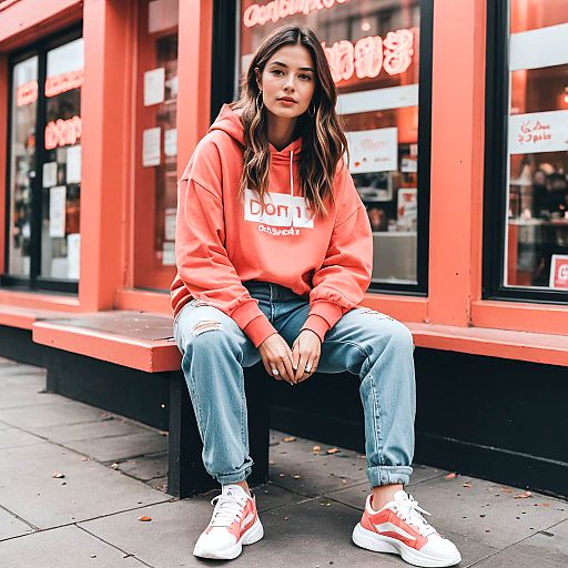 Woman in Coral Hoodie and Distressed Jeans Sitting on Orange Bench