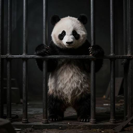 Photograph of a sad-looking panda with white and black fur, standing behind black metal bars in a dimly lit cage.
