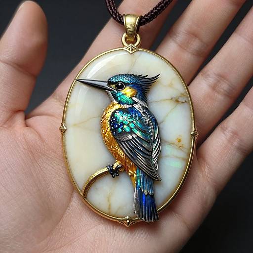 Photograph of a hand holding a gold pendant with a detailed, colorful blue and orange hummingbird on white marble background.