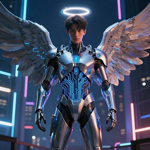 CGI image of a young, androgynous robot angel with metallic silver armor, glowing blue circuitry, white wings, halo, and neon