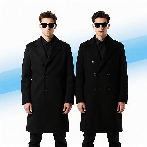Symmetrical Duo in Black Overcoats