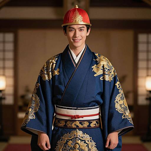 Photograph of a young Asian man in a navy blue kimono with gold floral patterns, white belt, and red ceremonial hat, smiling in a traditional
