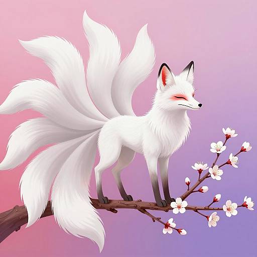 Elegant Fox with Tails on Cherry Blossom