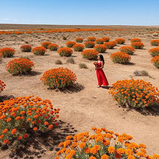 Photograph of a woman in a red dress standing in a desert field of vibrant orange marigolds under a clear blue sky.