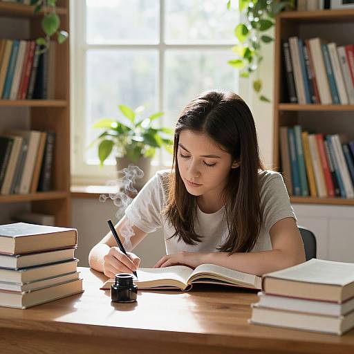 Photograph of a young woman with dark brown hair, wearing a white t-shirt, writing in a notebook at a sunlit wooden desk, surrounded by