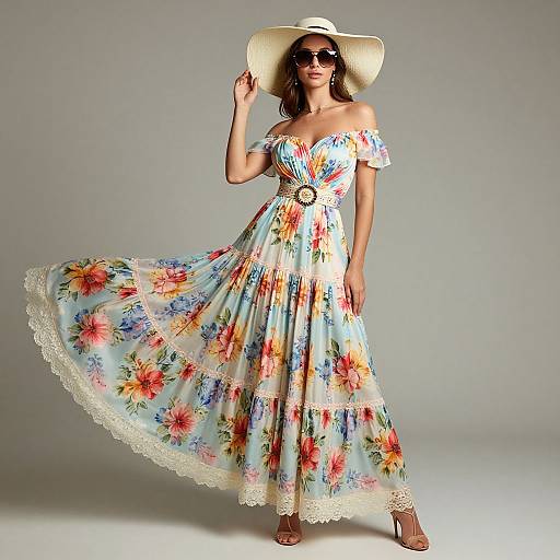 Photograph of a smiling woman in an off-shoulder, floral maxi dress, wide-brimmed hat, sunglasses, and brown sandals, against