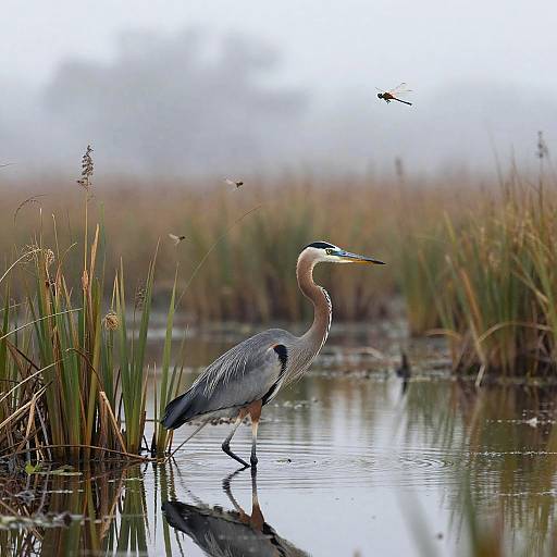 Photograph of a graceful grey heron standing in a reflective wetland, surrounded by tall reeds, with two dragonflies flying nearby.