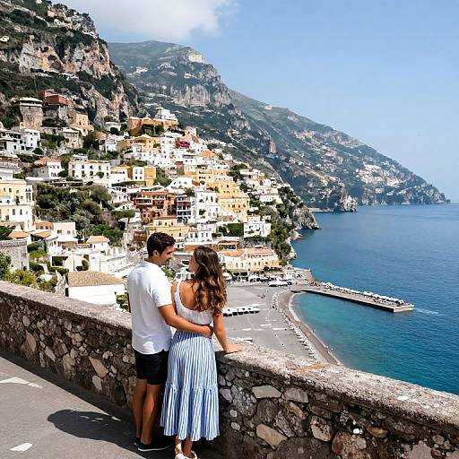 Photograph of a couple standing on a stone wall, overlooking a colorful coastal town with mountains and a blue sea.
