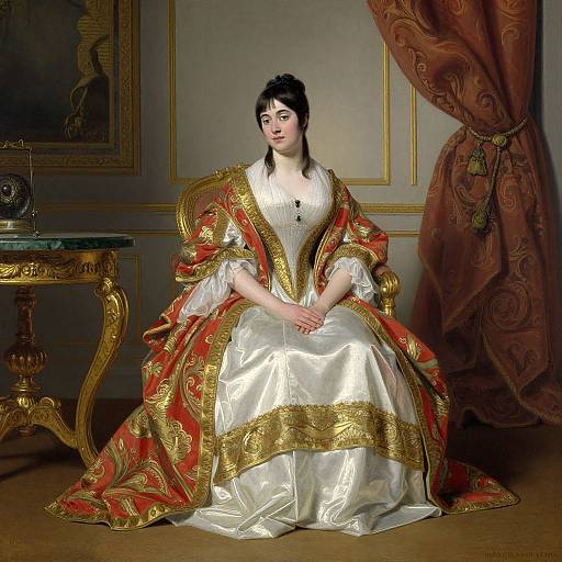 Photorealistic digital painting of a fair-skinned, dark-haired woman in an opulent white and gold gown with red and gold trim, seated in