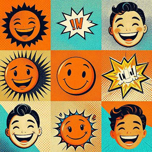 Colorful comic-style grid of nine panels featuring cheerful, smiling sun faces and a boy's face with various expressions and exclamation marks.