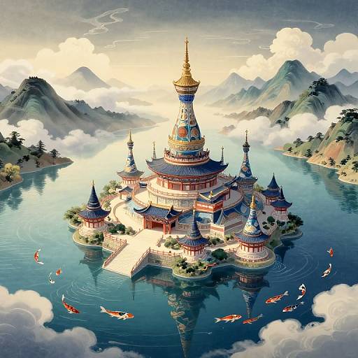 Digital painting of a vibrant, multi-tiered Asian temple floating on a serene lake surrounded by mountains, koi fish, and fluffy clouds.