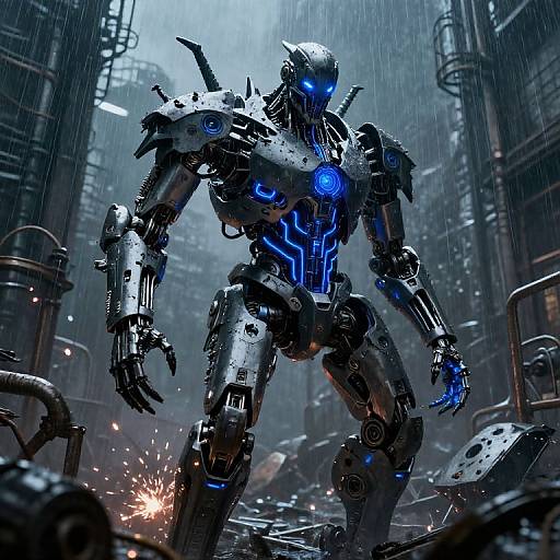 Cybernetic warrior in a rain-soaked, industrial ruins. Illuminated blue lights on armor, glowing eyes, standing amidst rubble and sparks.