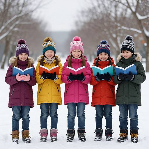 Photograph of five smiling children in winter coats and hats, standing in snow, each holding an open book, reading outdoors.