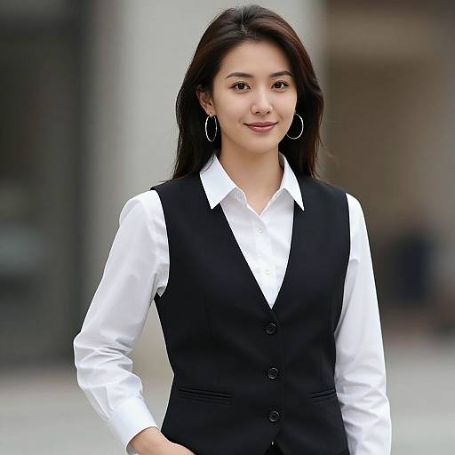 Photograph of an Asian woman with long black hair, wearing a white shirt and black vest, smiling subtly, standing outdoors.