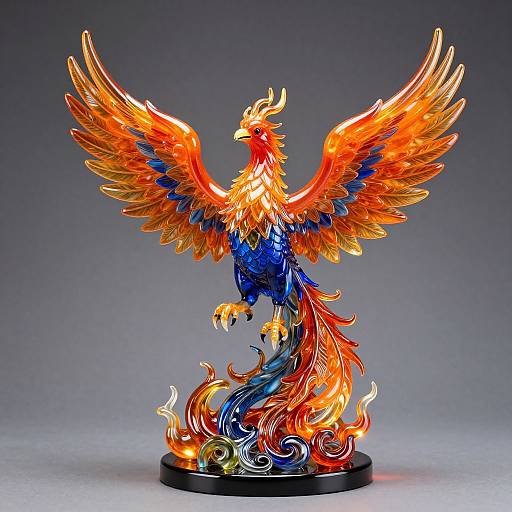 Photograph of a detailed, colorful statue of a phoenix with vibrant orange, yellow, and blue feathers, standing on a black base surrounded by fiery,