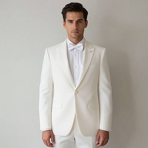 Photograph of a handsome man with dark hair, wearing a white tuxedo with a bow tie, standing against a plain white background.