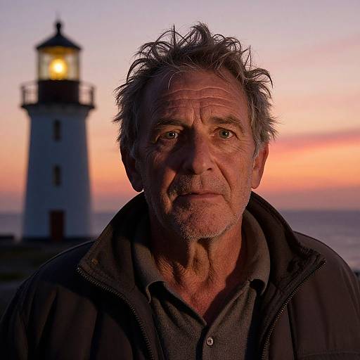 Photograph of a weathered, middle-aged man with gray, messy hair and a serious expression, in front of a lighthouse at sunset, with