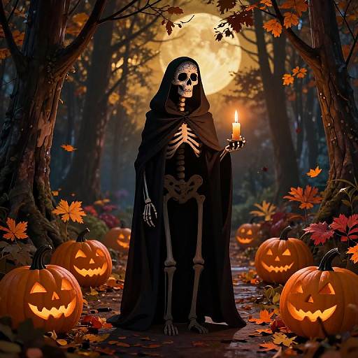 Photograph-like digital artwork of a skeletal figure in a black hooded cloak holding a candle, surrounded by glowing jack-o'-lanterns in a
