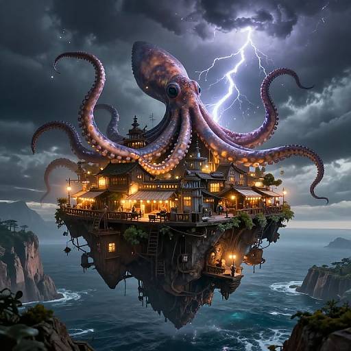 Digital fantasy artwork of a glowing, octopus-shaped floating island house with lightning-illuminated tentacles, surrounded by stormy clouds and ocean cliffs