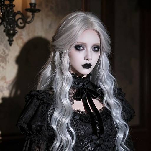 Photograph of a pale-skinned Gothic woman with long, wavy platinum blonde hair, black lace dress, and dramatic black makeup, standing in a