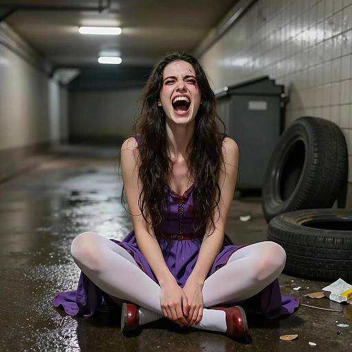 Screaming woman in blood-stained dress in underground tunnel