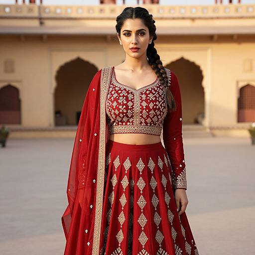 Photograph of a young Indian woman in a red traditional lehenga with gold embroidery, standing in a sunlit courtyard.